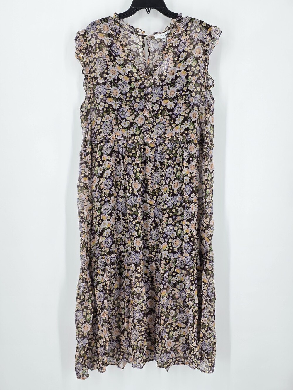 Amour Vert Anais Sheer Ditsy Floral Ruffle Midi Dress, Sz XL